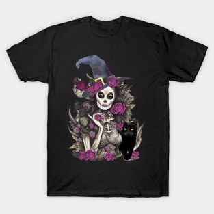 Witch and cat for cute Halloween, purple roses,scary, spooky T-Shirt